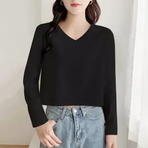 PVNQBTX042 빅 사이즈 봄가을 키작녀 세미크롭 루즈핏 무지 브이넥 무지티셔츠