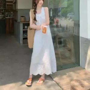 바캉스룩 펀칭 스트링 리본 여성 휴양지 민소매 나시 롱 원피스