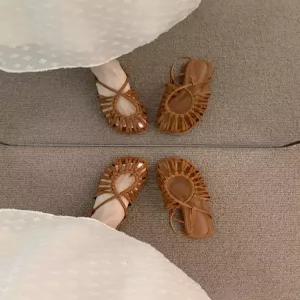 수제 플랫 글래디에이터 굽 여성 스트랩 슈즈 샌들