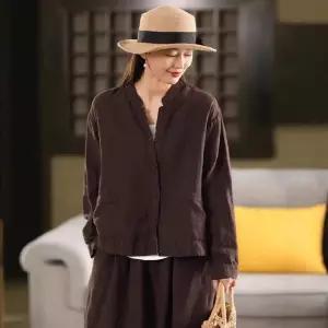 마킷3 여성 루즈핏 셔츠 봄 스크래치 워싱 린넨 차이나 긴팔 싱글 카디건 상의 JEN1