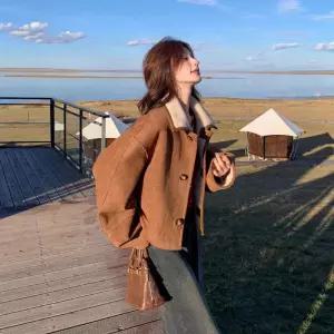 여성 톱 일체형 코트 도톰 양면 털가죽 숏 스웨이드 모피코트 원픽1