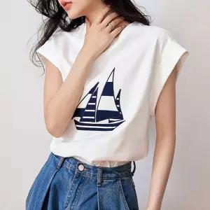 F007278_마린 자수포인트 캡소매티셔츠 나시 자수 캡티 민티 마린룩 마린 여성 반팔