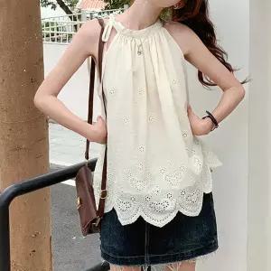 G126915_펀칭자수 A라인 민소매나시 블라우스 레이스 여름 홀터넥 터넥