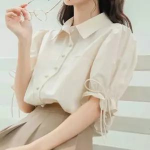 카라 퍼프소매 밴딩 스트링 반팔셔츠블라우스 NF-55여자 대학생룩 심플 여름 여성