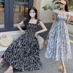 여름원피스 걸 클래식플라워패턴 무늬 스모크 사각넥 롱드레스