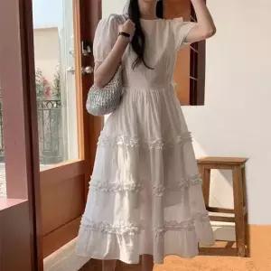 슬림원피스 여성 하객 데이트 모임 프릴 캉캉 퍼프 반팔 롱원피스