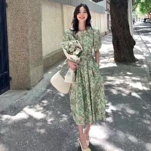 슬림원피스 여름 데일리룩 여행룩 퍼프소매 플라워 롱 원피스