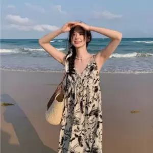 심플원피스 여름 바닷가 리본 장식 수묵 플라워 롱 원피스 캐주얼 드레스