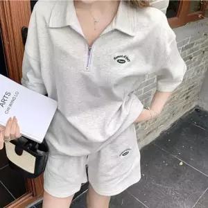 내츄럴 하프집업티 바지세트여성투피스 여자 반팔 티셔츠 트레이닝 여름