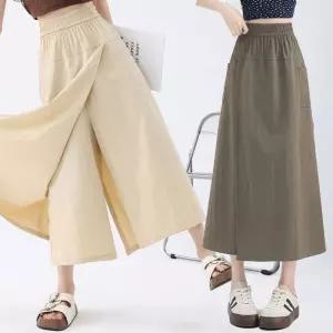 여름 시원한 8부 랩 스커트바지 치마 버뮤다팬츠빅사이즈 알라딘 8부와이드 여성 베이지 배기 바스락 하이