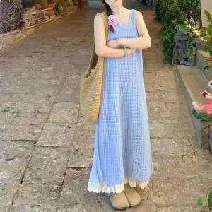 LN 라잇 펀칭 니트 원피스 세트 여름 투피스 민소매 나시 치마 롱시스루원피스 여성의류 패션 휴양지