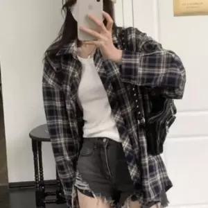 [의류] 체크 오버핏 루즈한 캐주얼 셔츠 긴팔 티셔츠