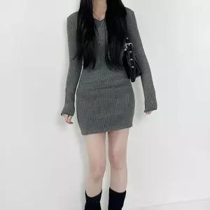 모브 이넥 골지 니트 미니원피스 (3colors) 여리여리 여친룩 데일리 겨울 가을 연말 슬림핏 슬림
