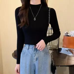 레온 골지 심플 미드넥 니트 티셔츠무지 슬림 루즈핏 스퀘어 라운드 브이 크롭 세미 나시 탑 봄 여름 가을