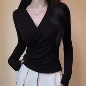 따뜻한 웜 기모 슬림 랩 티셔츠 RNR-0147크로스 셔링 블라우스 브이넥 파룩 데이트 오피스 랩티 크로스