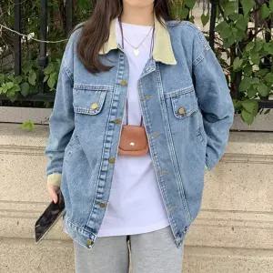 연청자켓 배색 카라 자켓 데님 셔츠 클래식여성숏 크롭 간절기 간아우터 여자캐주얼 봄가을아 얇은 오버펫