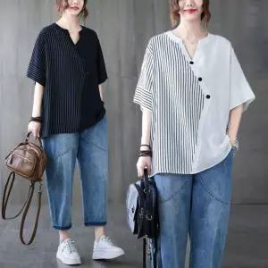 G126925 스트라이프 배색 차이나 카라 V넥 셔츠 루즈핏 V핏 나셔츠 V나