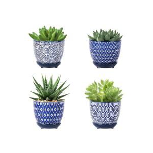 배수 구멍이 있는 셀라미카 세라믹 다육질 냄비, 접시가 실내 식물용 소형 화분 3.5인치 화분, 선인장 다육질, 홈 데코, 4종 세트, 빈티지 블루