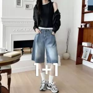 여자 앞핀턱 뒷밴딩 버뮤다 데님 반바지 1+1 HSSG 5102예쁜 캐쥬얼 캐패션 대학생룩 와이드팬츠