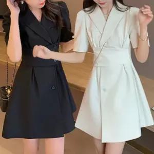 여자 하객룩 사선 더블버튼 카라 미니원피스