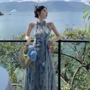 여성원피스 비치룩 홀터넥 쉬폰원피스 바캉스룩 플라워 스커트 심쿵직구