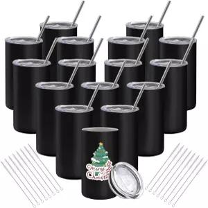 16팩 텀블러 DIY 선물용 뚜껑과 빨대가 있는 벌크 스키니 스트레이트 스테인리스 스틸 이중 벽 단열 물병