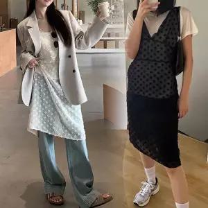 쉬폰 꽃무늬 레이어드 나시 시스루 롱원피스 레이스민소매 데일리룩 휴양지 블랙 화이트 미디 시어서커