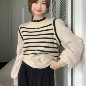 플리츠 여성 니트티 스트라이프 긴팔 셔츠상의 두꺼운 패션 단가라 조끼느낌 예쁜