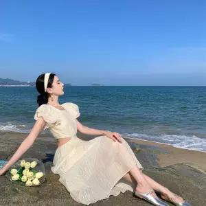 여성원피스 비치룩 펀칭 허리 해변 바캉스 날개소매 디자인 스커트 심쿵직구