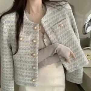 진주단추 노카라 트위드 자켓 간절기 숏 여성아우터 봄스타일링 가을아 라운드 간의류 바람막이아