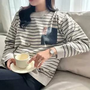 긴팔 니트 단가라 오버핏 데일리룩 루즈 스라이프배색 후드 후드티 어깨임 꽈베기 여성터틀넥 빈지 홀가먼
