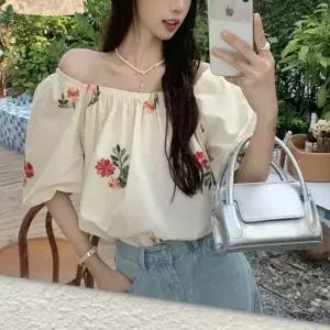 프릴 여름 여자 밴딩 플라워 오프숄더 블라우스