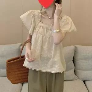 펀칭 보 레이스 여자 스퀘어넥 팔뚝살 여름 블라우스