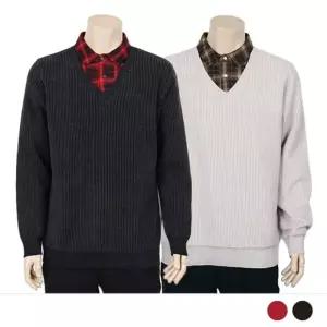 레이어드 체크셔츠 기모 브이넥 긴팔 니트 MTSS25074 남성 비지니스캐주얼 캐주얼룩 스웨터