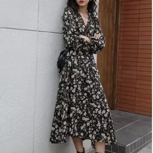 롱 원피스 가을 브이넥 긴팔 플라워 데이트룩쉬폰 꽃원 플라원 셔링 공주