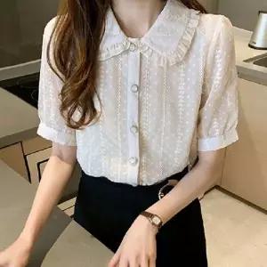 (색상 베이지)베이지 자수 프릴 여성 반팔 여름 블라우스 남방