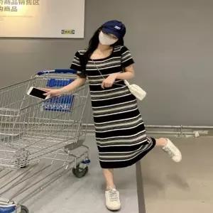 스퀘어넥 니트 여름 롱원피스 여성 반팔 스트라이프