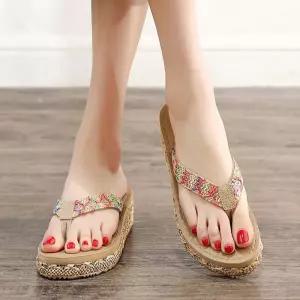 여성 2컬러 보헤미안 쪼리 슬리퍼 웨지 플립랍휴가용 여자 키높이쪼리 통굽쪼리 휴양지패션