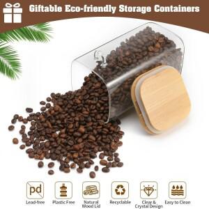 대나무 뚜껑과 스푼이 있는 유리 사각 보관 용기, 콩, 파스타, 사탕, 향신료, 쌀, 잎차 등을 수 커피 캐니