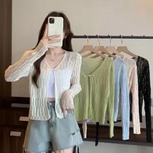 여성 여리한 시스루 가디건 긴팔 1P 단추 비치웨어여름 봄가디건 가을 얇은 여자카티건 니트 기본 겨울카디