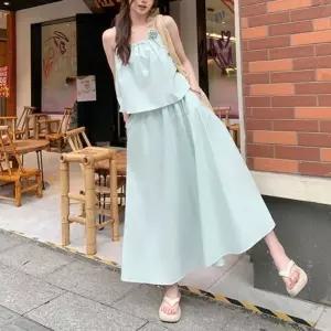 여행룩 바캉스 플라워 끈나시 스커트 투피스 세트레이어드 코디 오프숄더 긴팔티 레이어드 롱코디