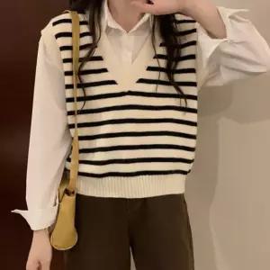 단가라 브이넥 베스트 여자 스트라이프 캐주얼 조끼룩 데일리 베이직 니트 줄무늬 라베스트