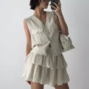 [다잇템]여자 셋업 미니스커트 카고포켓 티어드 세트 (37240440A)