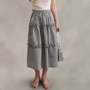 [다잇템]여성 티어드 격자 에이라인 프릴 고무줄 롱치마 (37349938A)