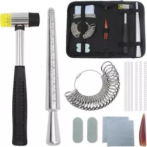 PHYHOO 링 사이저 맨드릴 세트 금속 스틱 측정 도구 키트 핑거 사이즈 게이지 미국 보석 고무 망치 포함
