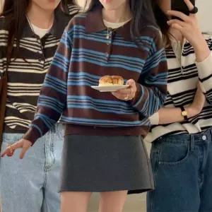 간절기 가을 봄 여성 카라 넥 루즈핏 니트 티니트 예쁜 단가라 여자 줄무늬 긴팔 이쁜 기본 셔츠