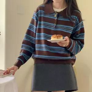 간절기 가을 봄 여성 카라 넥 루즈핏 니트 티 브라운 예쁜 단가라 여자 줄무늬 긴팔 이쁜 기본 셔츠