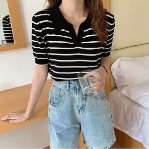 단정한 단가라 니트 여자 반팔 카라 브이넥 여름