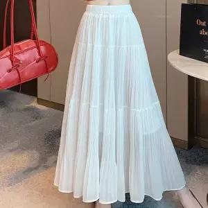 여름 데일리룩 밴딩 허리 티어드 주름 스커트 화이트 캉캉 맥시 밴스커트 쉬폰 레이어 A라인 청순 바캉스
