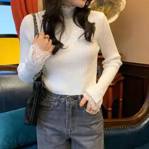 여성 소매 레이스 포인트 골지 니트 티셔츠반목 폴라 간절기 간상의 캐주얼 웨어 봄가을